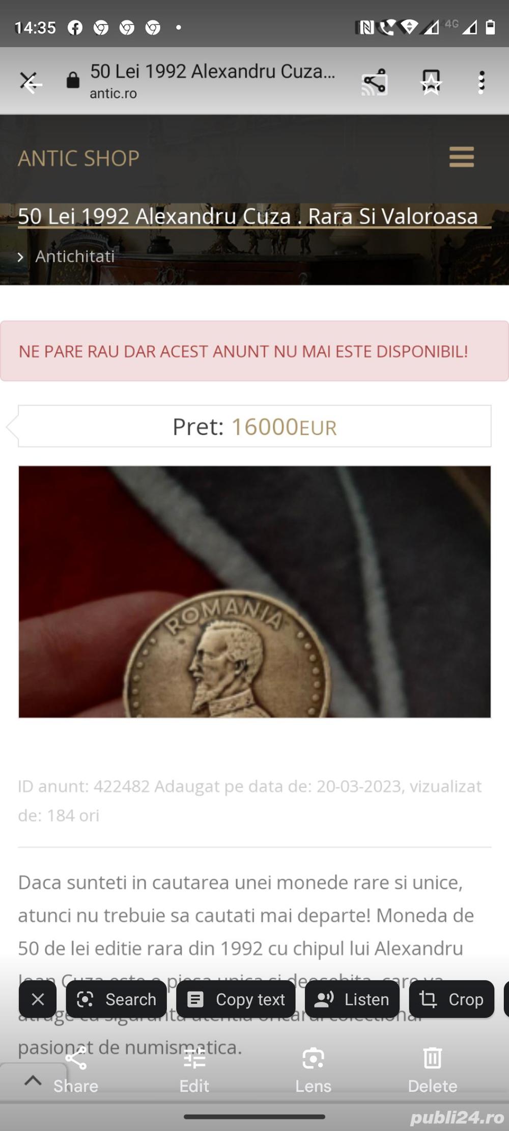 vand moneda de colectie foarte rara si valoroasa cu Alexandru Cuza 1992 de 50 lei