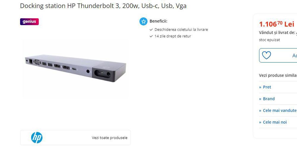 Docking station HP Thunderbolt 3, 200w Usb-C Usb VGA Display Port