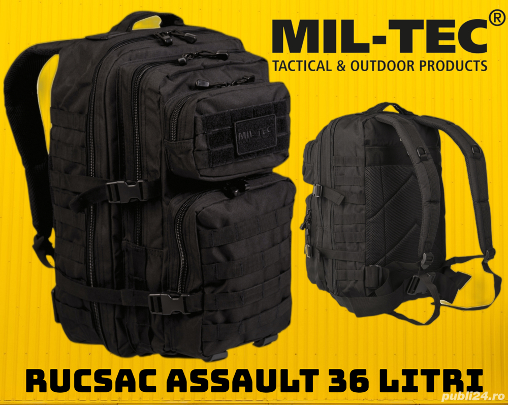 RUCSAC Militar Mil-Tec 36 litri Negru Ghiozdan Calatorie Drumetie Army Spațiu Confort Rezistență 