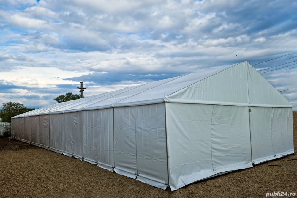 Cort alb echipat pentru evenimente, deschidere 15m, module x5m, capacitati x75mp