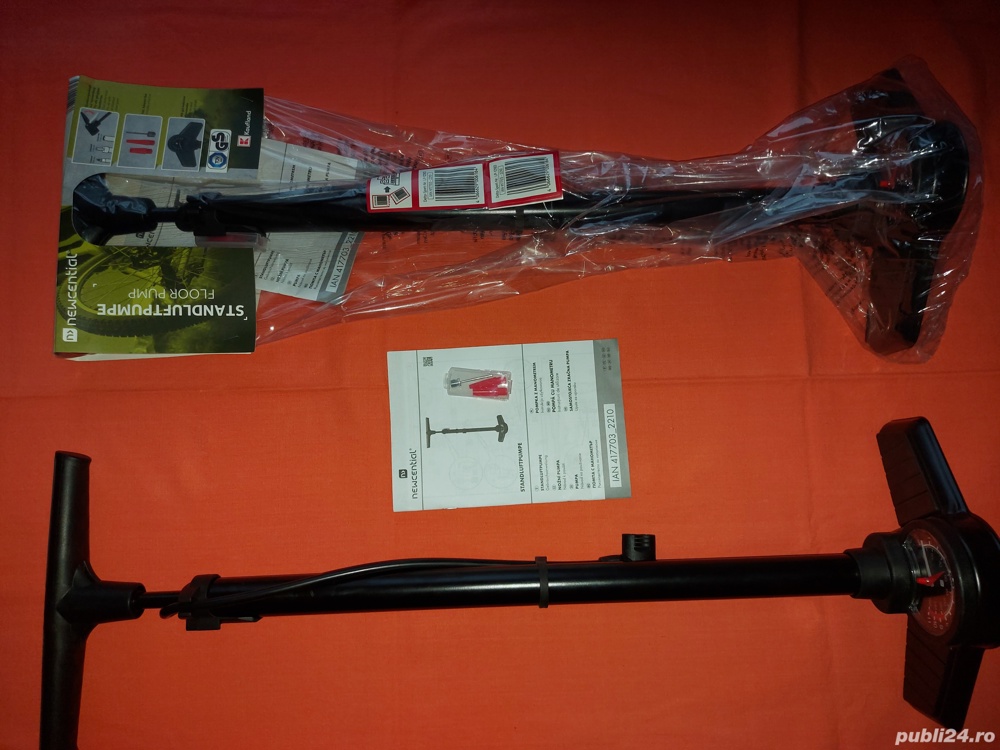 Pompă de aer de podea cu afișare a presiunii (manometru), accesorii supape, manuala