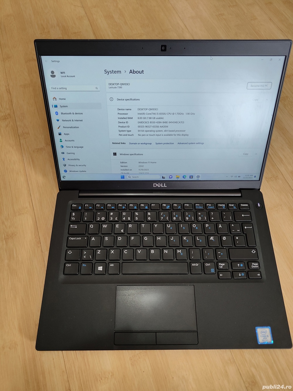 Laptop dell latitude 7390, i5 vpro 8350u, 8gb ram, 256gb ssd, 13 inci