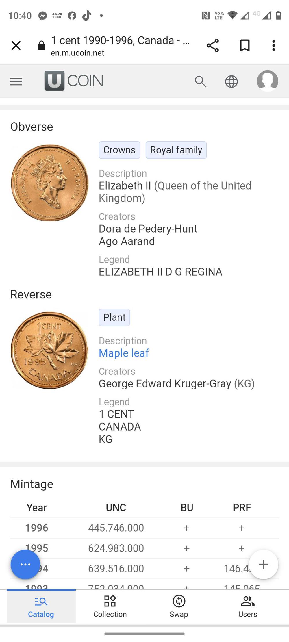 vand colectie monede canada de 1 cent si 10 centi din 1996 canada