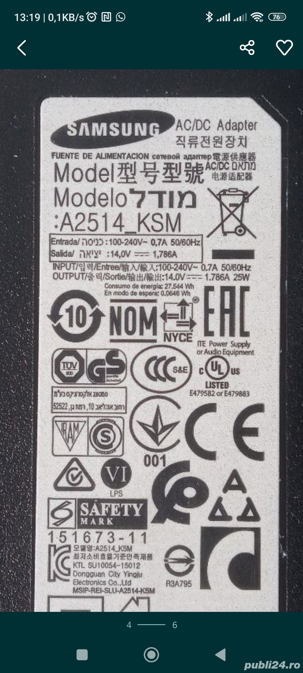 Alimentator pentru monitor Samsung 14v-1,78a