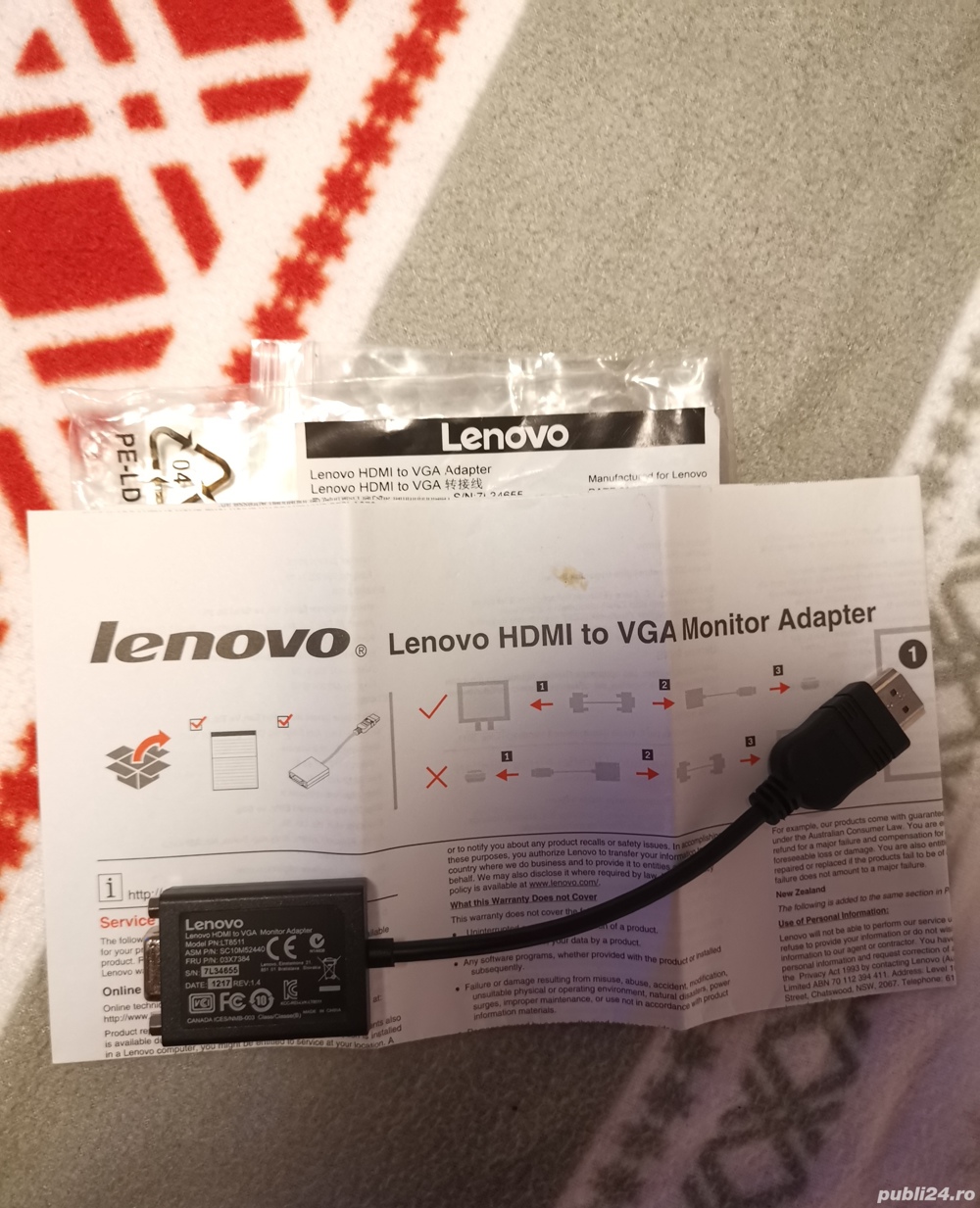 Adaptor nou pentru monitor Lenovo, HDMI la VGA, Negru 