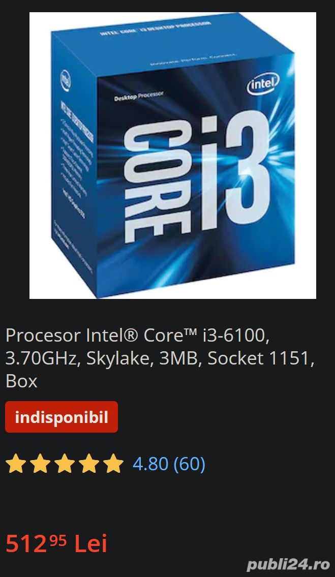 Procesor Intel  Core  i3-6100, 3.70GHz, Skylake, 3MB, Socket 1151, si i3 3250 pe 1155