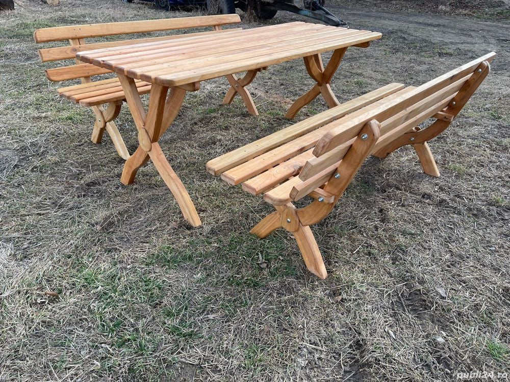 Masa cu doua banci pt. gradina, terasa din lemn de cires masiv