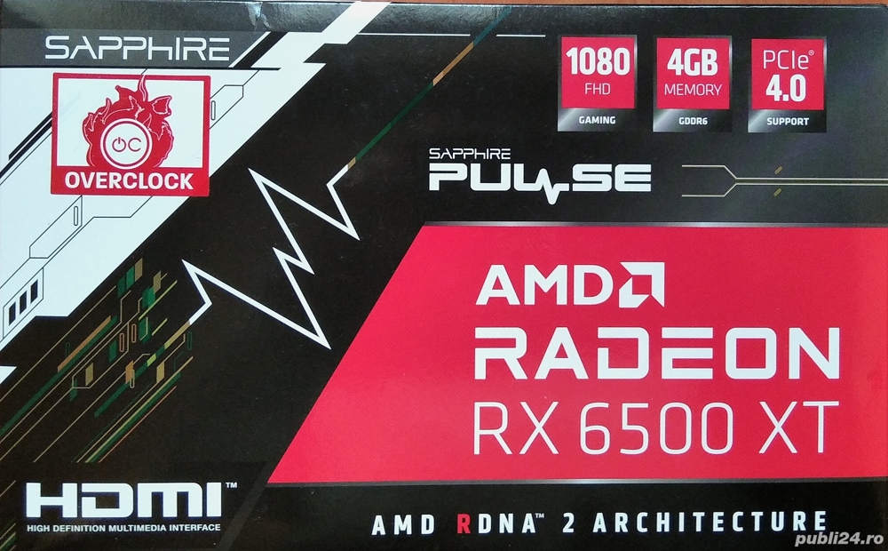 Placa Video NOUA FullBOX, Sapphire Pulse RX 6500 XT, 4GB|GDDR6, PCIe 4.0|3.0, Mica !