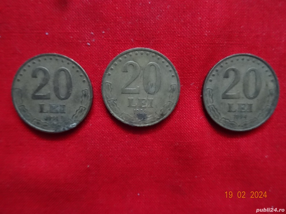 Trei monede de 20 lei cu efigia lui Stefan cel Mare, 1991,1992,1994