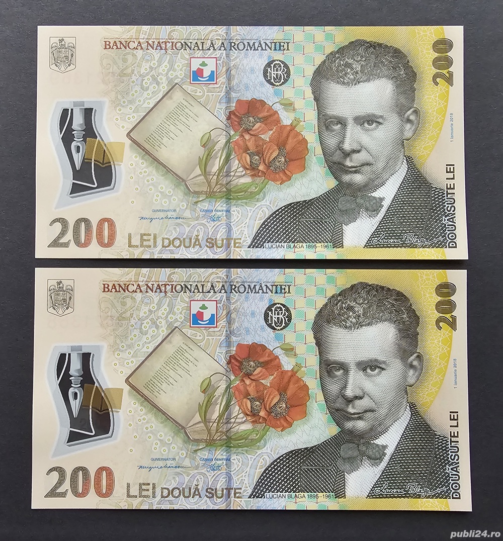 2 bancnote de 200 de lei cu Lucian Blaga UNC serii consecutive