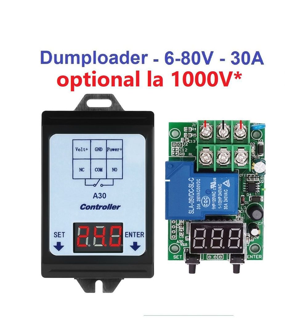 controler dumploader 6-80V, 0-1000V monitorizare, 30A 230V AC, DC baterii lithium plumb