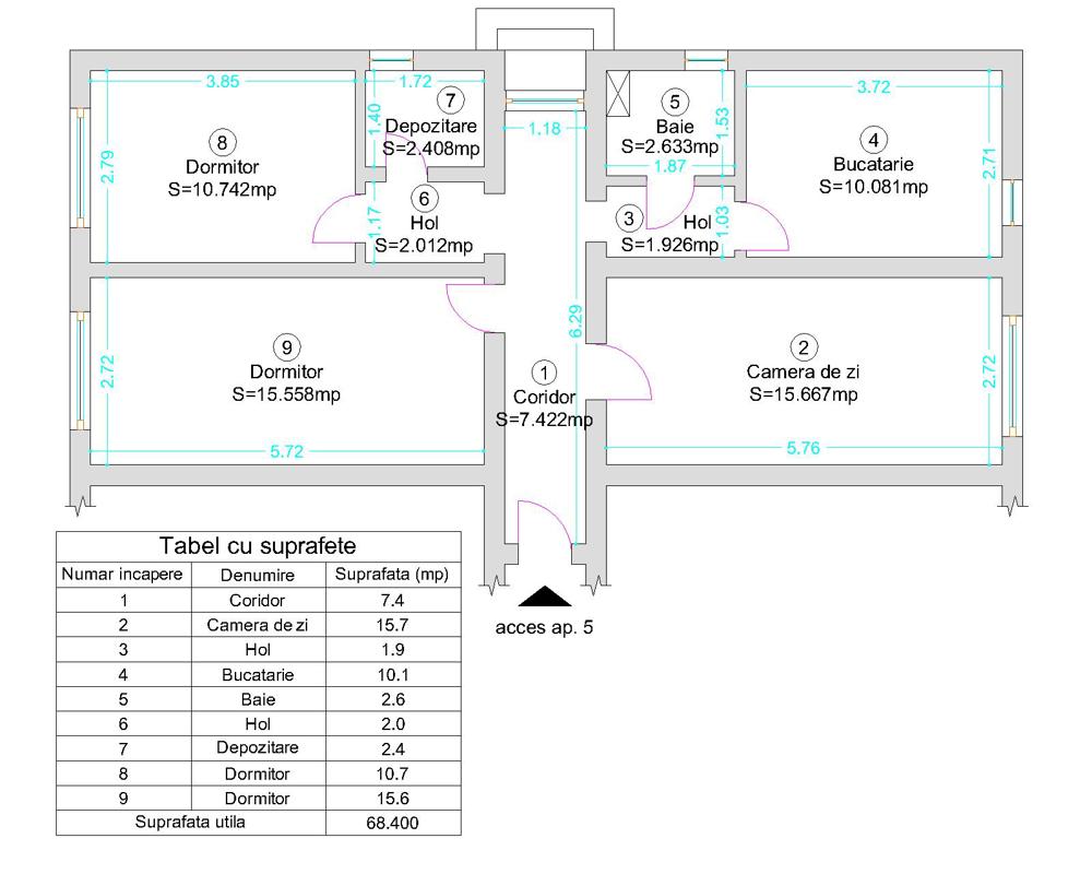 Apartament 3 camere, 68mp utili, parter