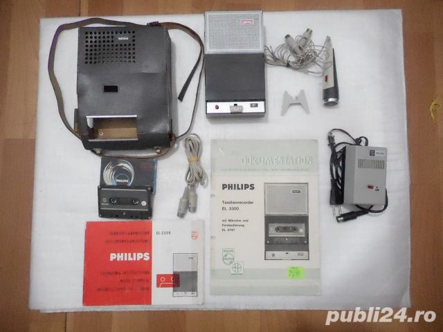 istorie: Philips EL3300 = primul casetofon din lume + prima caseta + accesorii, complet