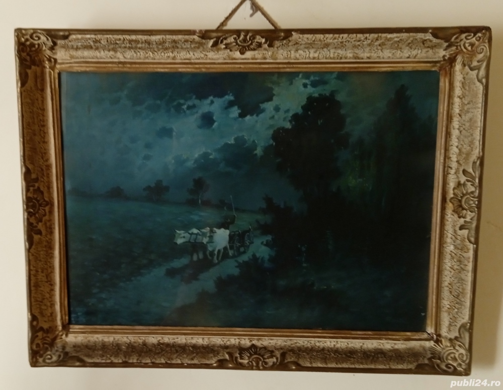 Tablou interbelic Car cu boi,autor neidentificat