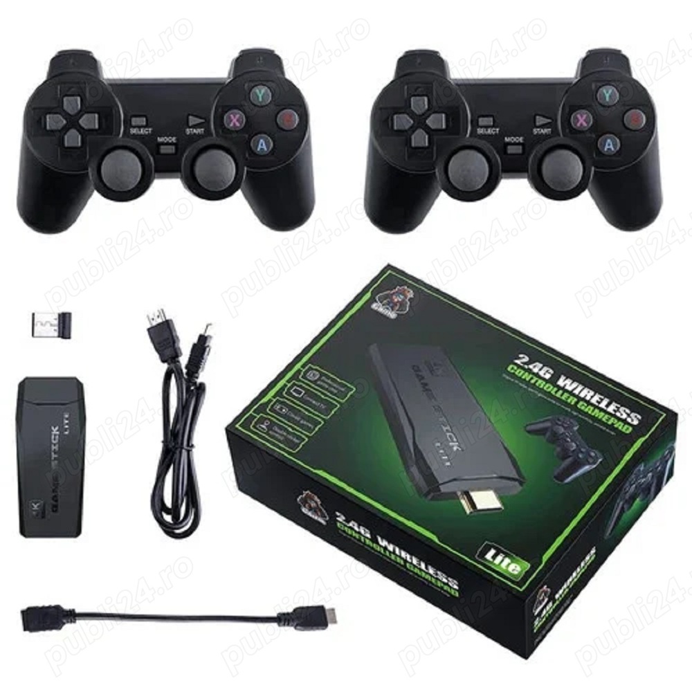 Consola jocuri retro, Game Stick lite 4K, 10000+, 2 controllere wireless, joystick, M8, negru