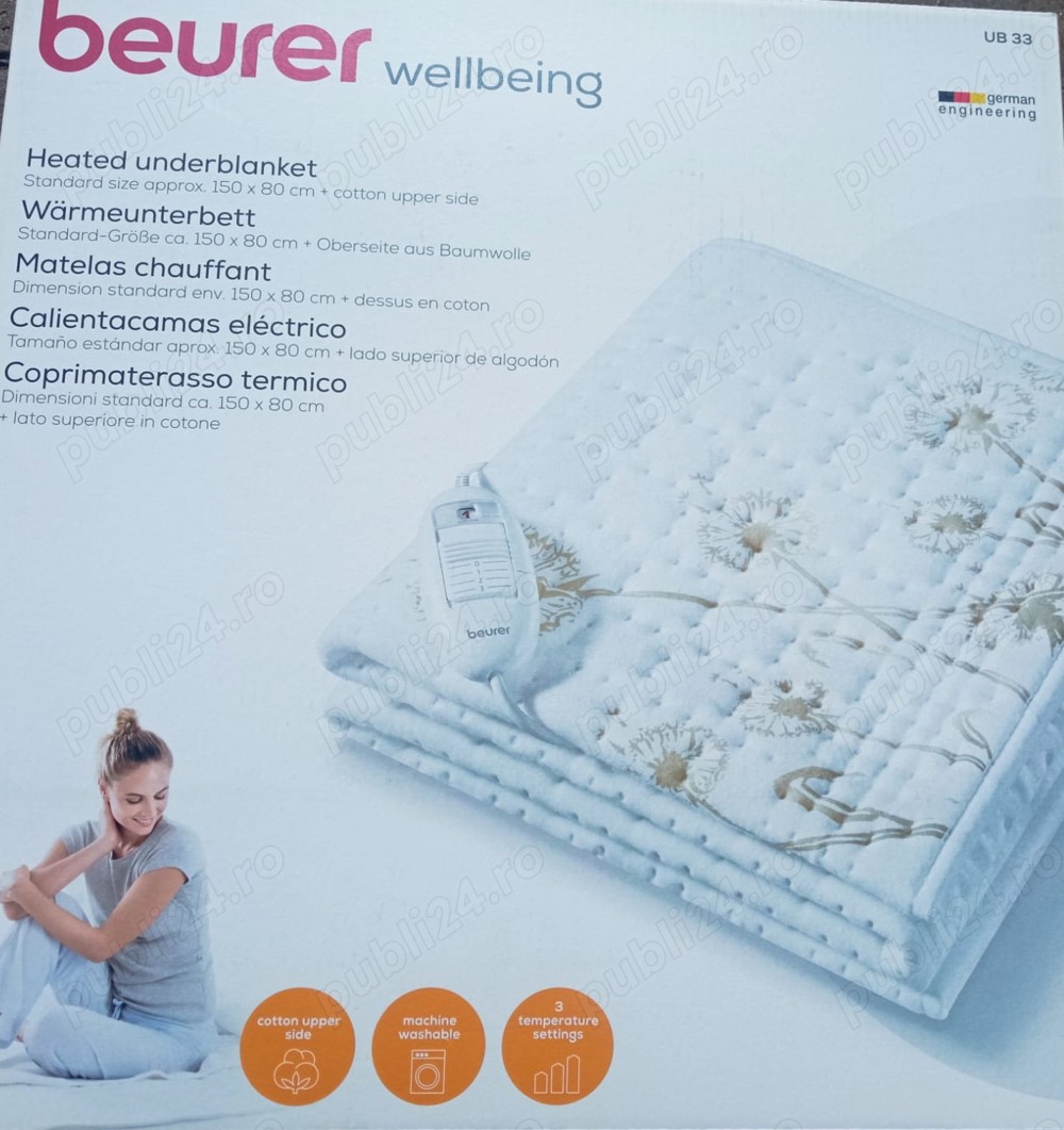 Saltea sigilata electrica BEURER, 60W, 150 x 80 cm, Comutator detasabil