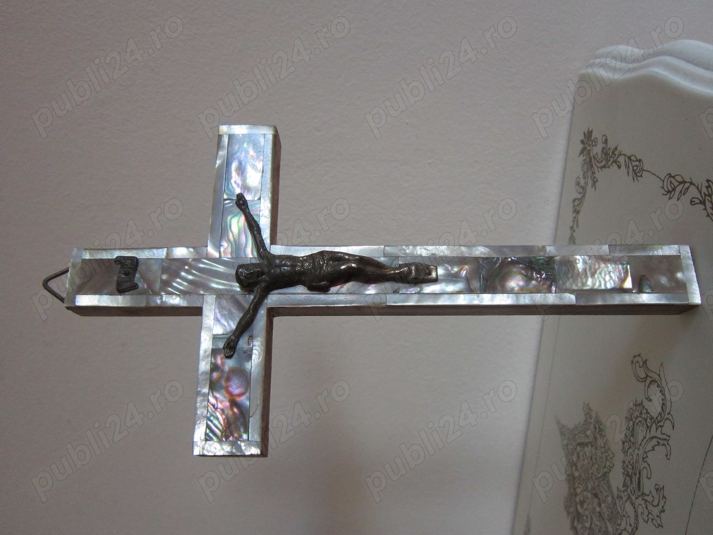 cadou rar Cruce Crucifix Ierusalim1950 lemn maslin Mother of pearl Abalone 