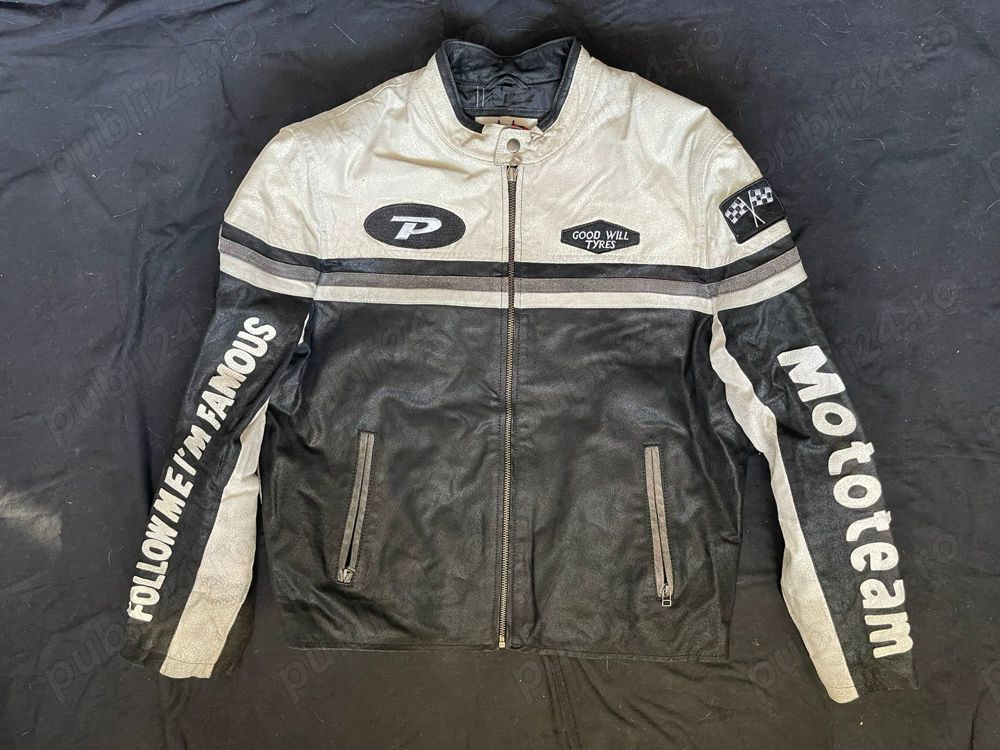 Jacheta vintage barbati piele naturala alba neagra geaca moto biker Clockhouse