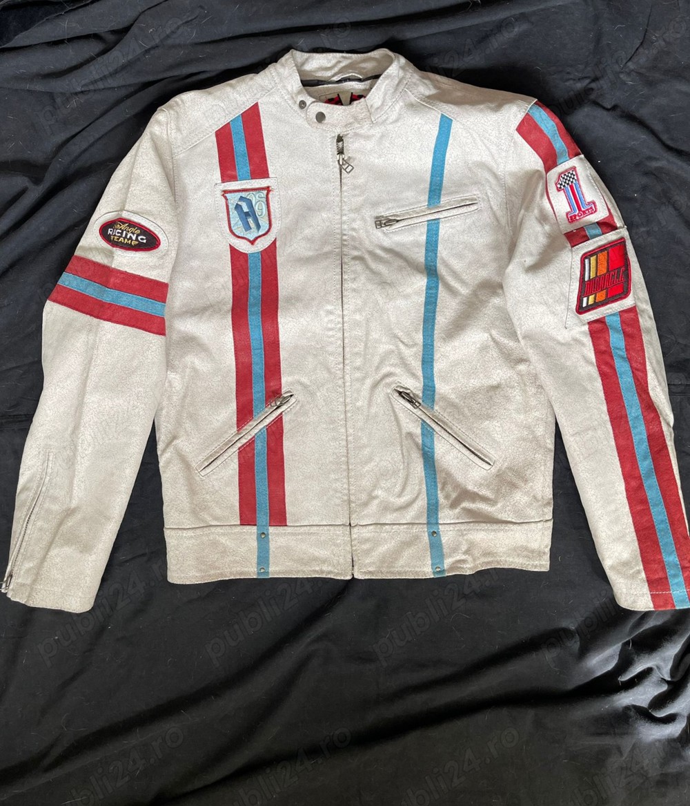 Jacheta vintage barbati piele alba geaca moto biker Clockhouse 5 buzunare primavara vara