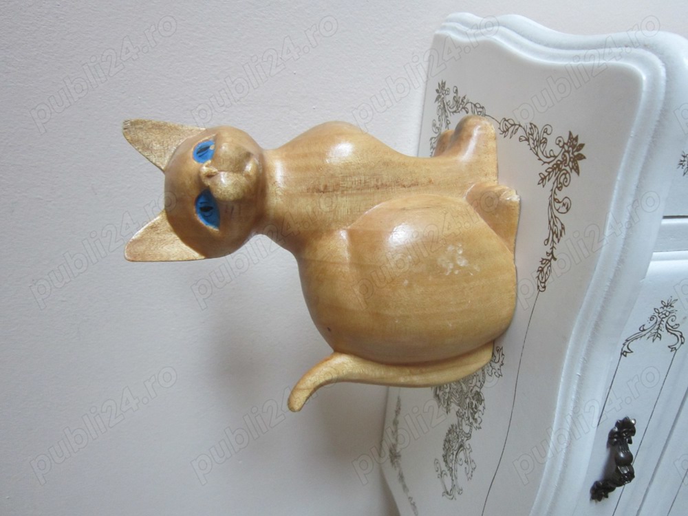 cadou inedit Pisica sculptura lemn Germania 1970