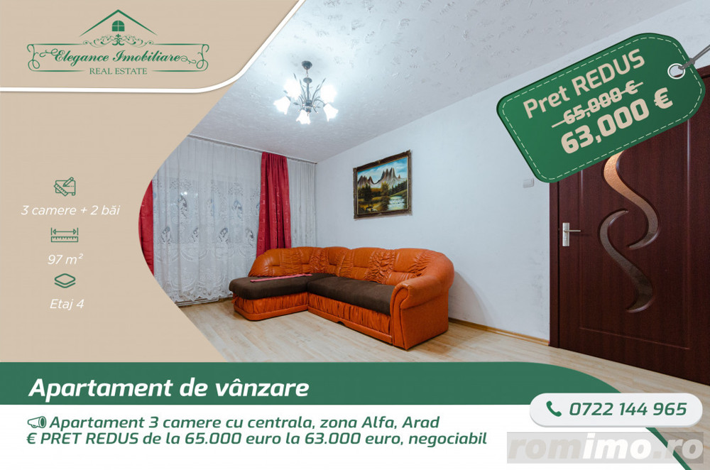 Apartament 3 camere cu centrala, zona Alfa Arad