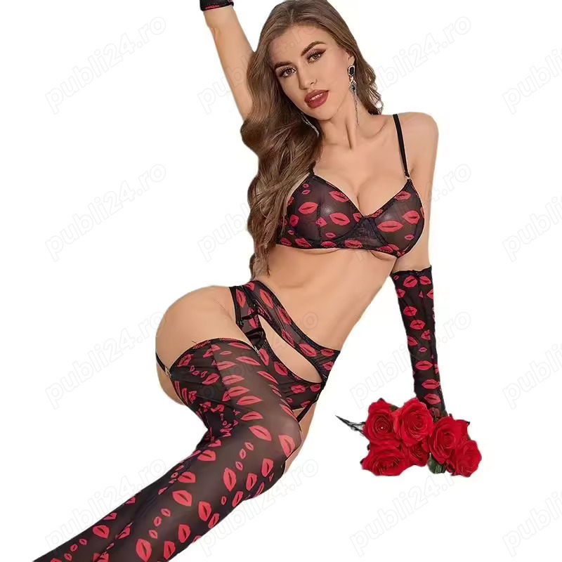 Lenjerie sexy cu imprimeu cu Pupici, 5 piese, pentru femei, S,M,LXL