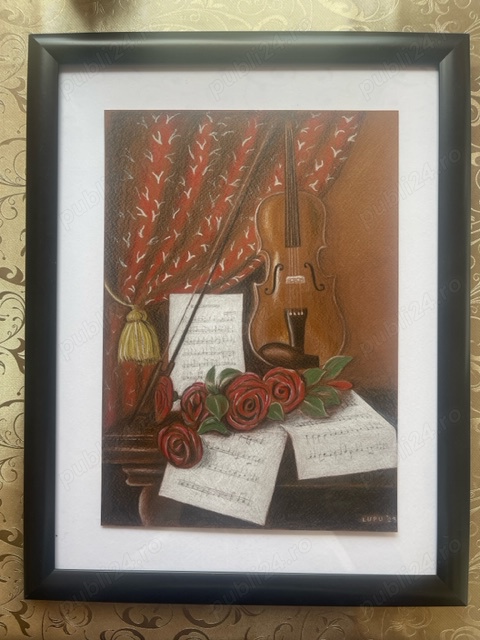 Tablou - natura statica cu vioara si trandafiri