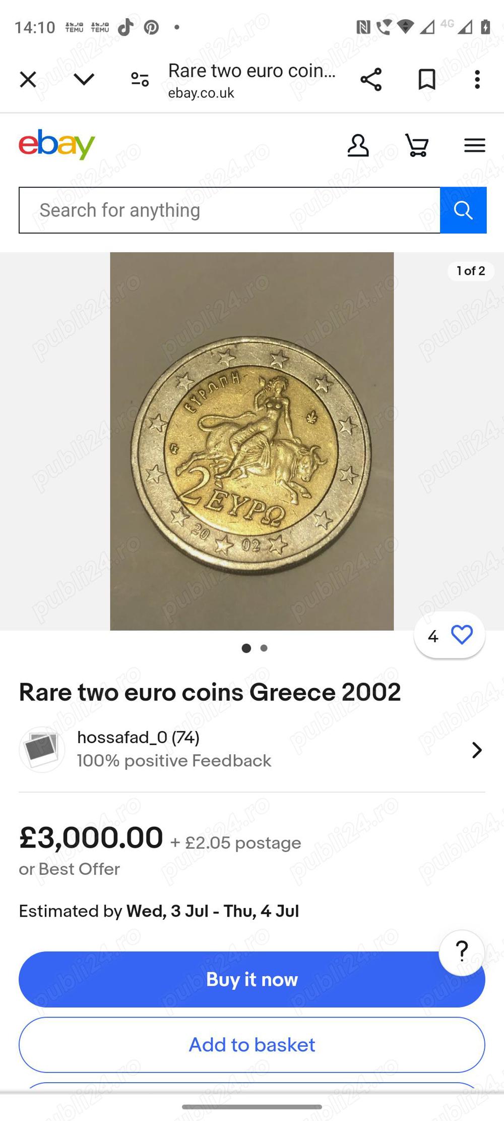 vand moneda foarte rara 2 euro grecia din 2002