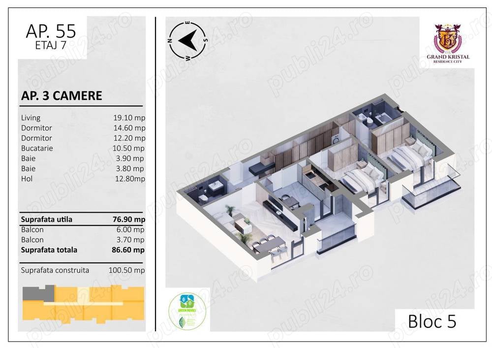 Ap.3 camere decomandat,  87 mp, etaj intermediar, bloc nou- Kristal Residence.