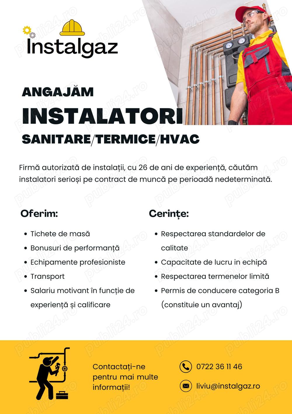 Angajăm INSTALATORI sanitare termice HVAC în București