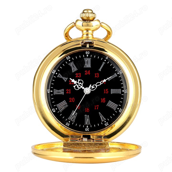 Ceas de buzunar cu lant auriu quartz cu cifre romane și arabe,nou