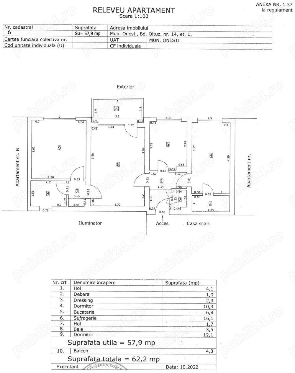 Apartament semidecomandat 3 camere, 62mp (58mp util), etaj 1, Zona Ultracentrală Onești