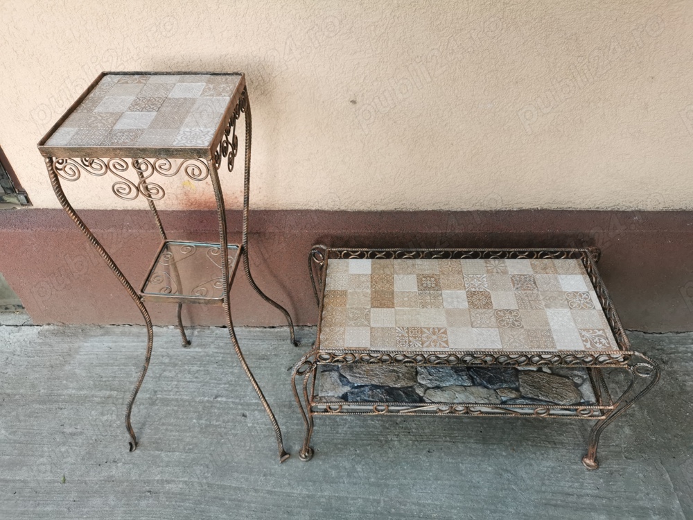 mese vechi din fier forjat, masa cafea decor gradina suport etajera ghivece plante vaza flori etc