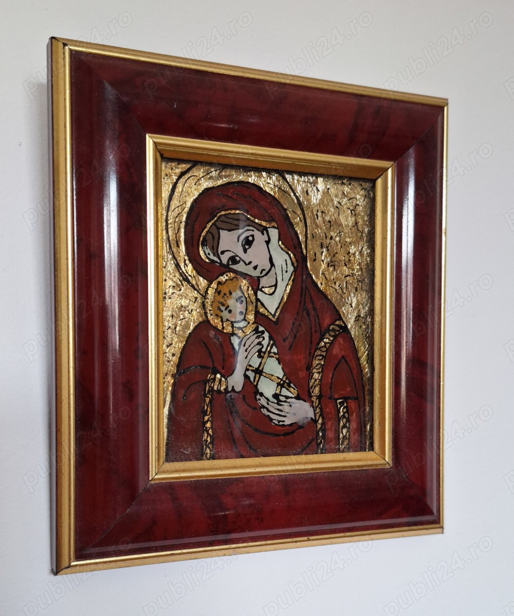 Particular! Icoane pe sticlă înrămate   Maica Domnului cu pruncul Isus  