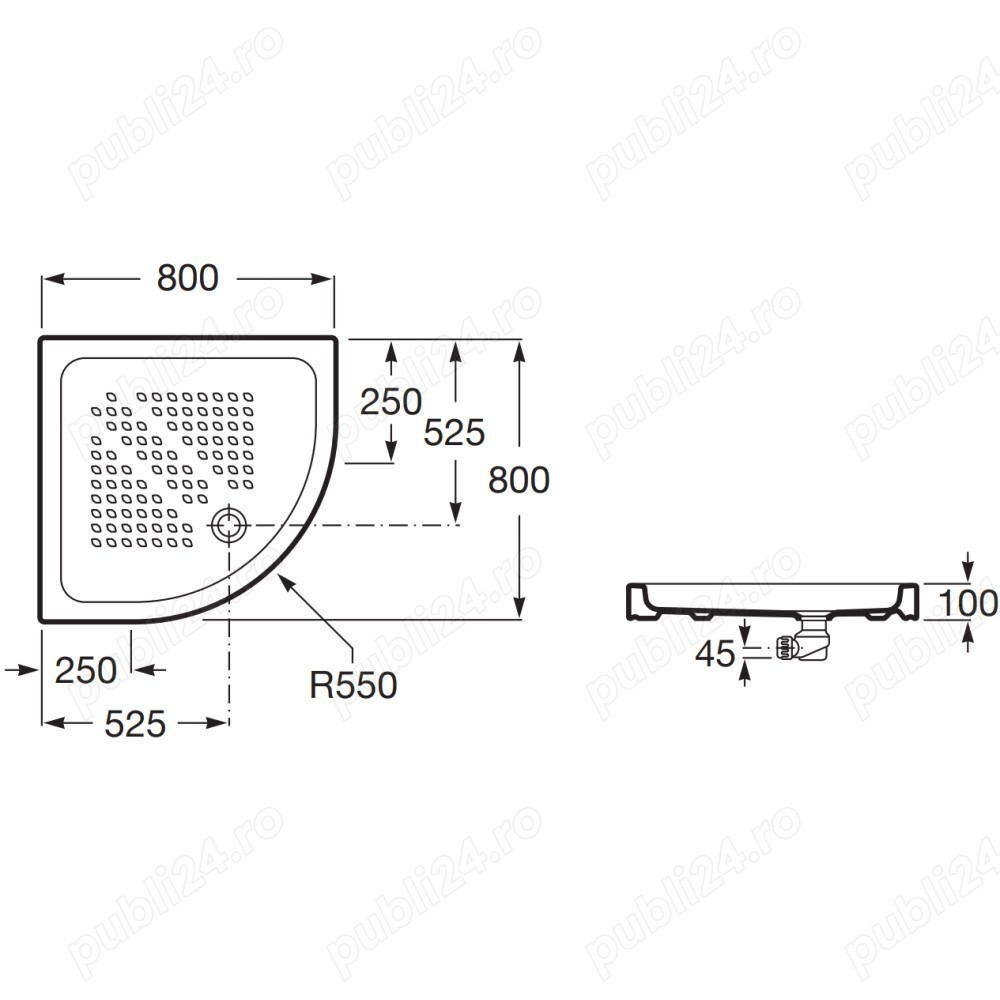 Cadita de dus din ceramica semirotunda 80x80 cm - ROCA+sifon