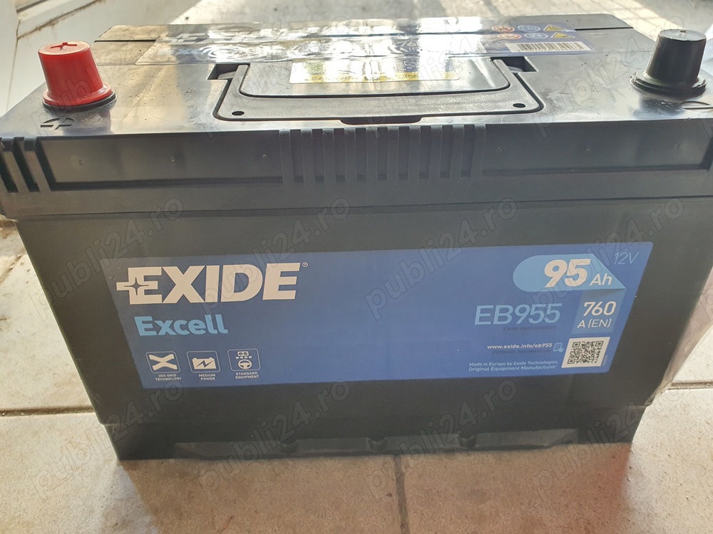 Baterie auto Exide Excell EB 955, 95Ah, 760A, borne cu POLARITATE INVERSĂ, NOU-NOUȚĂ !