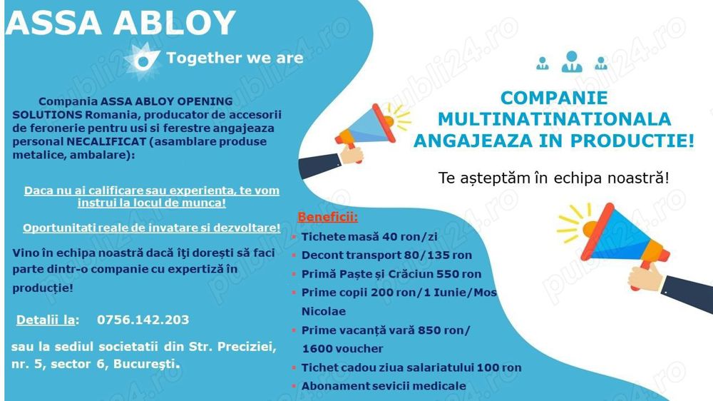 Companie multinationala angajează personal NECALIFICAT (asamblare produse metalice, ambalare).