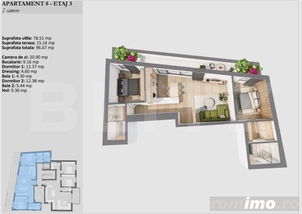 Apartament de 3 camere, bloc premium, etaj intermediar, Zona Semicentrala