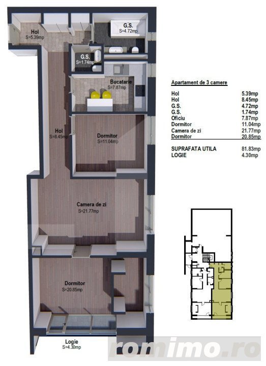 Apartament de 3 camere semifinisat, 81mp, bloc nou, zona linistita