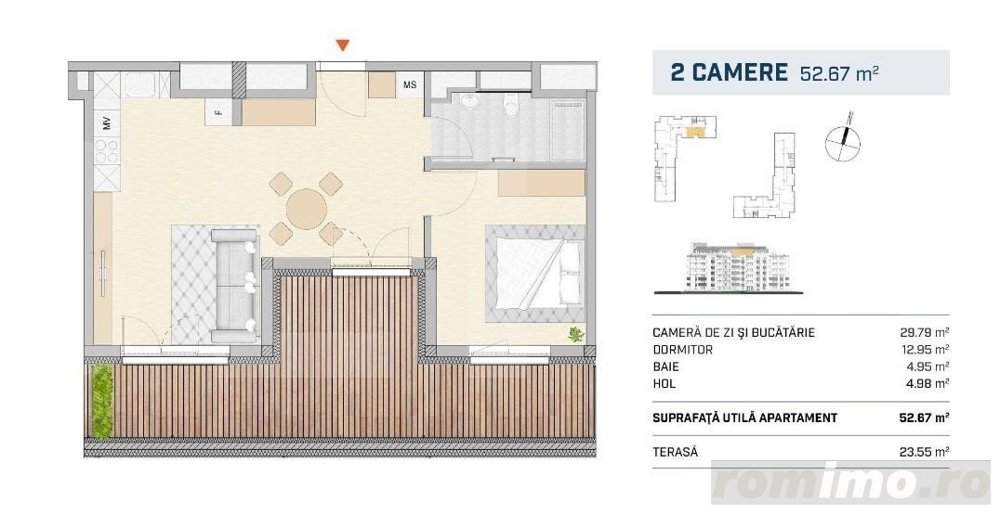 Apartament 2 camere, finisat cu terasa, orientare SUDICA