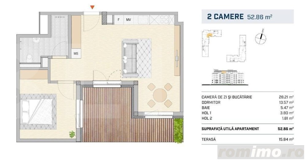 Apartament 2 camere finisat lux, terasa, SEMICENTRAL