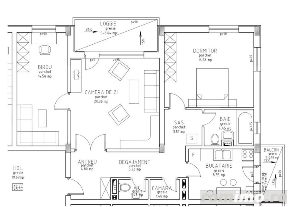 Apartament 3 camere, 81 mp, semifinisat, Parcare 