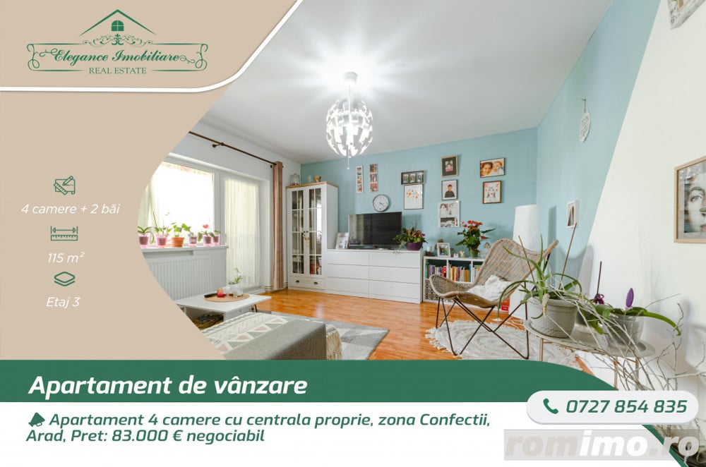 Apartament 4 camere cu centrala proprie ,zona Confecții, Arad