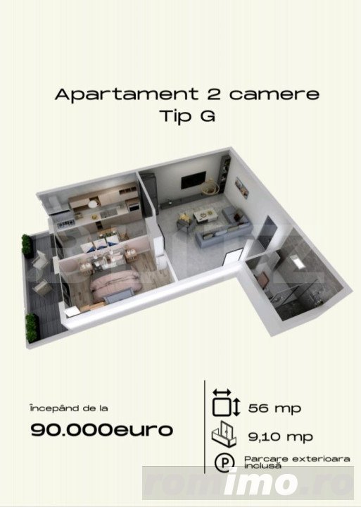 Apartament de 2 camere, 56mp utili, cochet, cu parcare, Torontalului