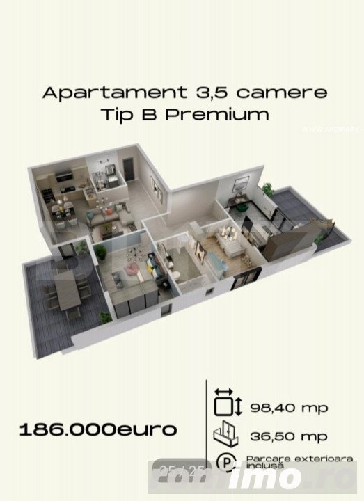 Penthouse de 4 camere decomandat 98.4 mp, terasa 36.5 mp Torontalului