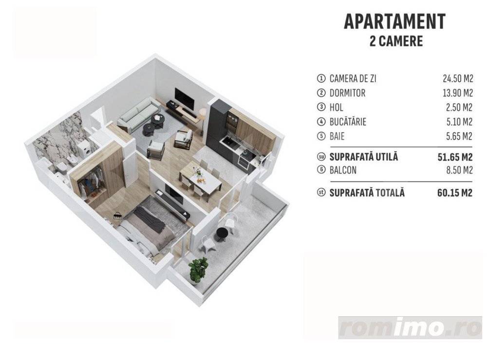 Apartament de 2 camere finisat, 51 mp, cartier rezidential nou!