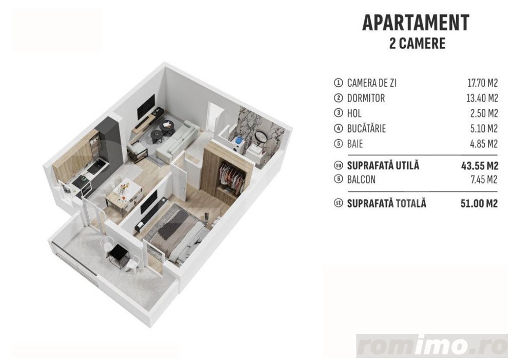 Apartament de 2 camere finisat, 44 mp, terasa, cartier nou rezidential! 