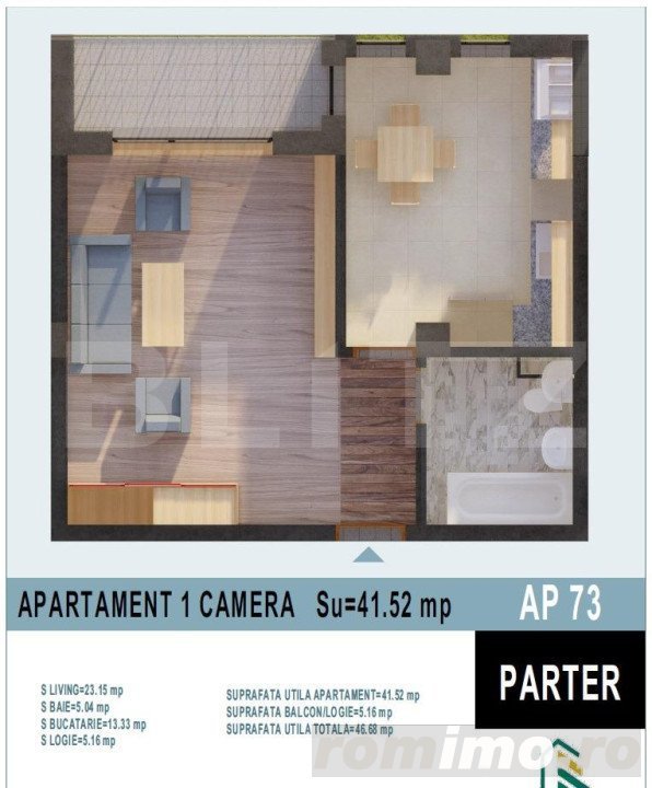 Apartament 1 camera, 41.52mp, bloc nou, Calea Moldovei