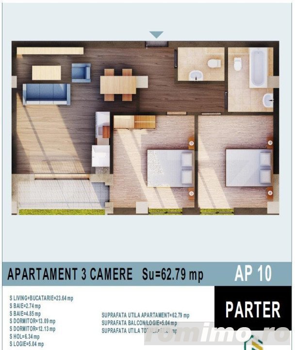 Apartament de 3 camere, 62,79 mp, Calea Moldovei