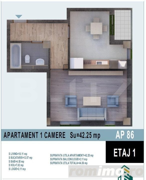 Apartament de 1 camera 42mp utili, bloc nou, Calea Moldovei